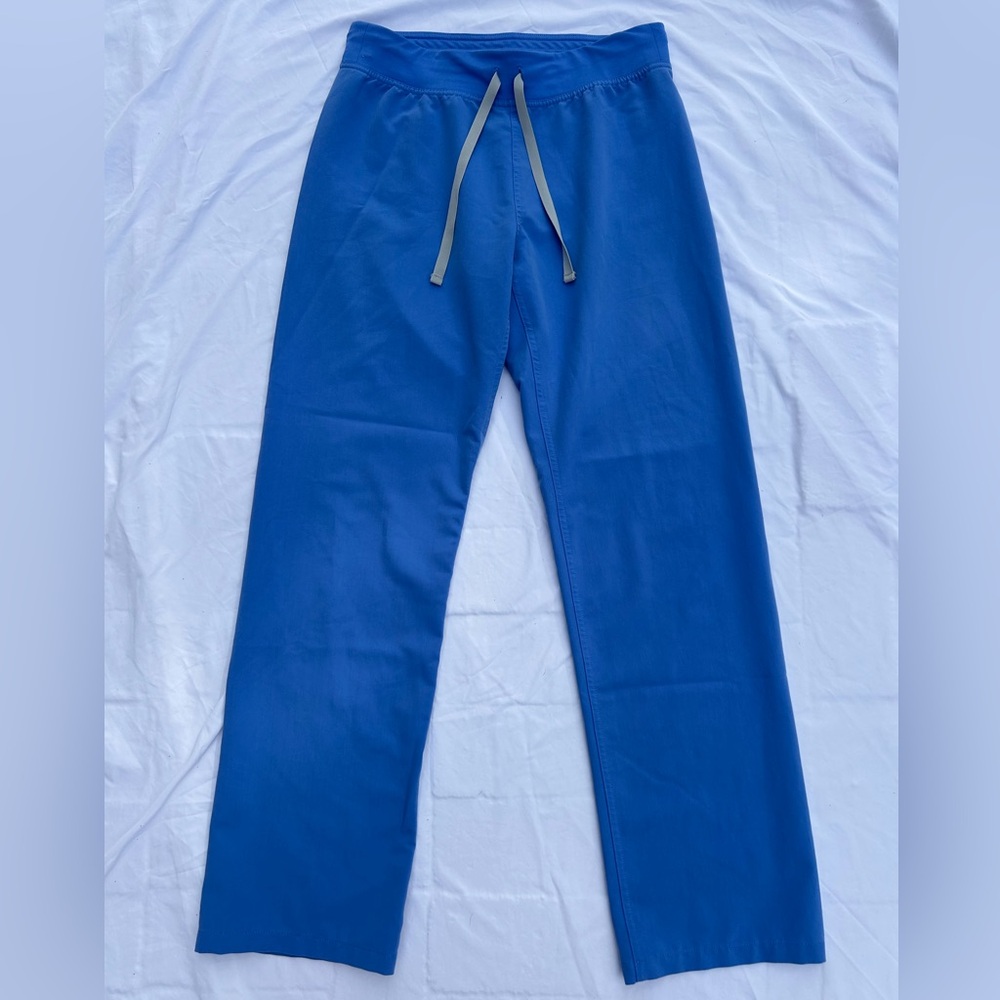 FIGS High Waisted Livingston Basic Blue Scrub Pants with grey drawstring
